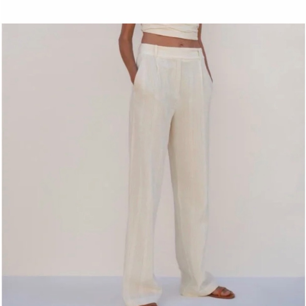 Zara white Wide Leg Linen Pants stripe embroidered textured rustic high waist